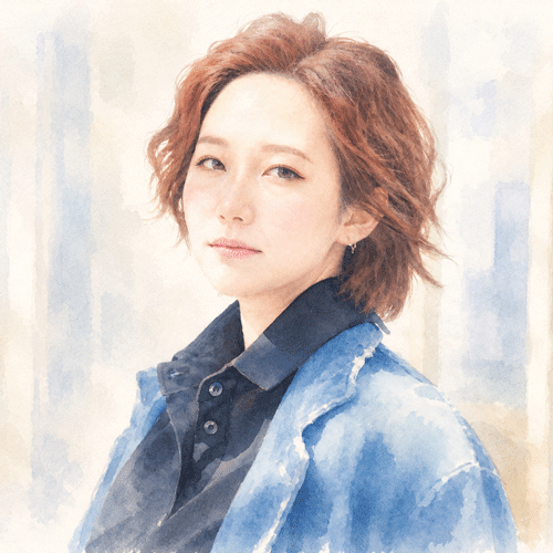 may_satsuki - フォトスタジオブラン Watercolor-style portrait of a woman with short brown hair wearing a blue denim jacket, looking at the camera.