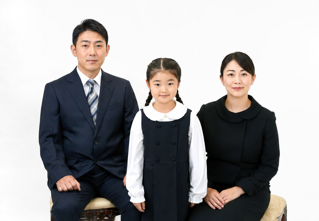 白背景で撮影した幼稚園・小学校受験の家族写真