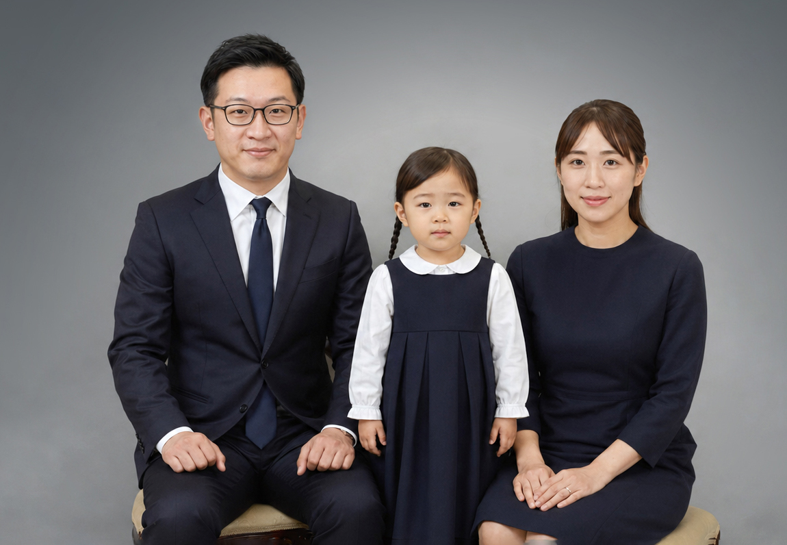 グレー背景で撮影した女の子とご両親の受験用 家族写真