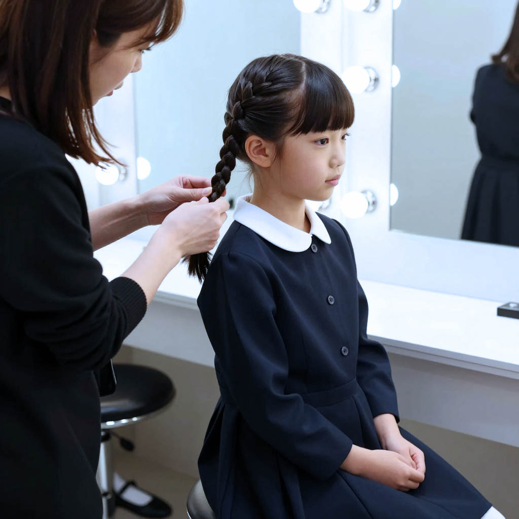 フォトスタジオブランで幼稚園受験・小学校受験のお受験写真撮影前に三つ編み・編み込み・ヘアセットを行う様子